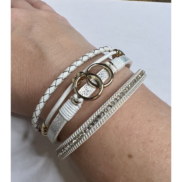 White Leather, Gold And Rhinestone Bracelet. Magnetic Clasp NWT lot of 9 - Picture 2 of 8